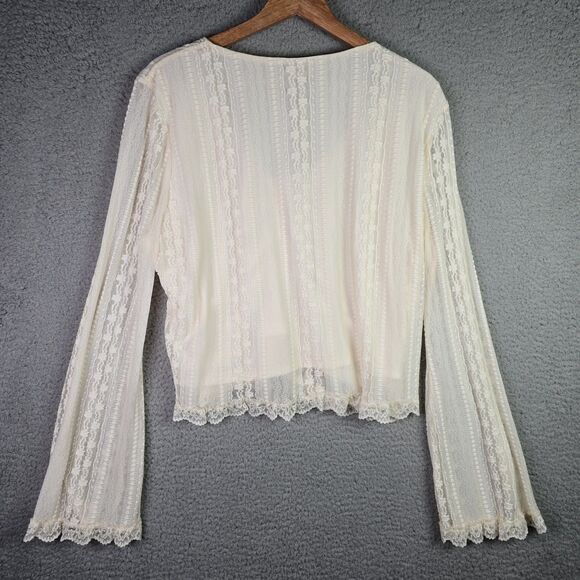 Arula Boho Lace Blouse 2X Cream NWT Scalloped Romantic Ruched Tie Sheer Sleeve - Picture 13 of 16